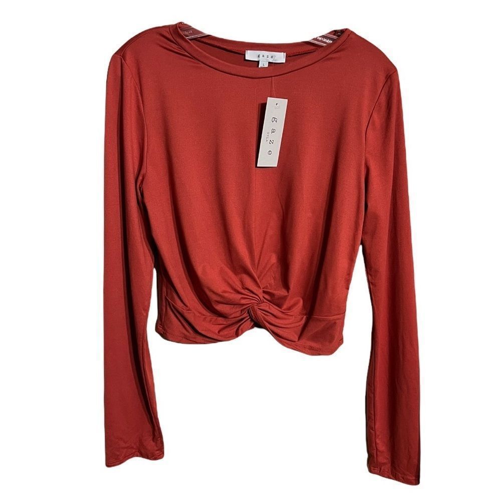 Gaze Crop Front Twist Long Sleeve Orange Rust Shirt Sz L NWT
